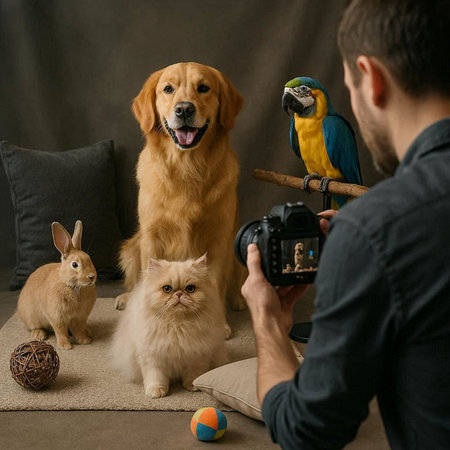 Photographer taking photos of dog, cat and parrot at homeの写真素材