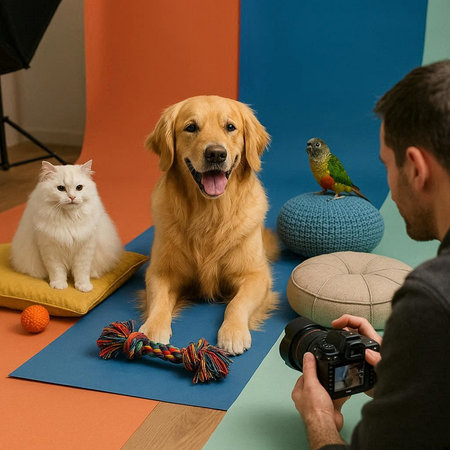 Photographer and Golden Retriever in studio with cat and parrot