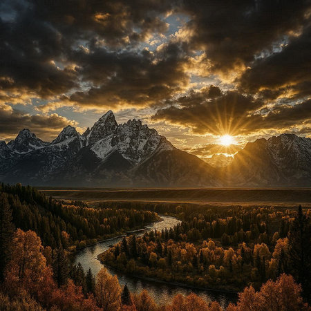 Sunset over the river in the Altai mountains, Russia.の写真素材
