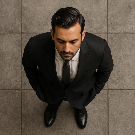 Top view of a businessman looking down while sitting on the floor.の写真素材