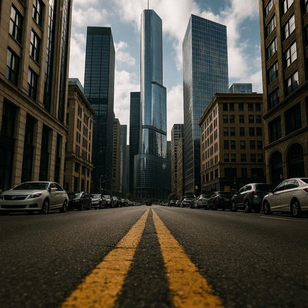 Street view of Chicago downtown skyscrapers.