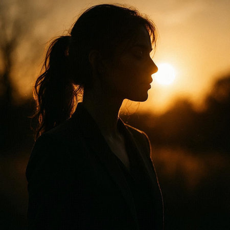 Silhouette of a beautiful woman at sunset in the countryside.