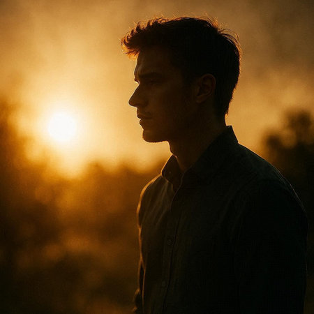 Portrait of a handsome young man in a field at sunset.