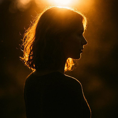 Silhouette of a girl in the rays of the setting sunの写真素材