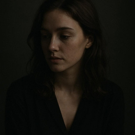 Portrait of a girl in a black dress on a dark backgroundの写真素材