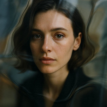 portrait of young beautiful woman looking through the window in the rain
