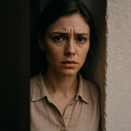 Portrait of sad young woman looking at camera and leaning on wall