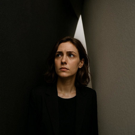 Portrait of a sad woman leaning against a wall in a dark room