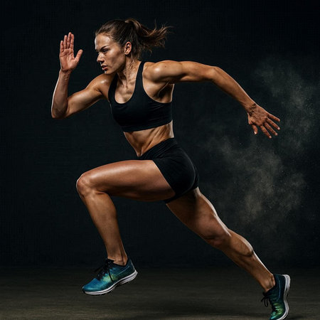 one caucasian woman runner jogger exercising isolated on black backgroundの写真素材