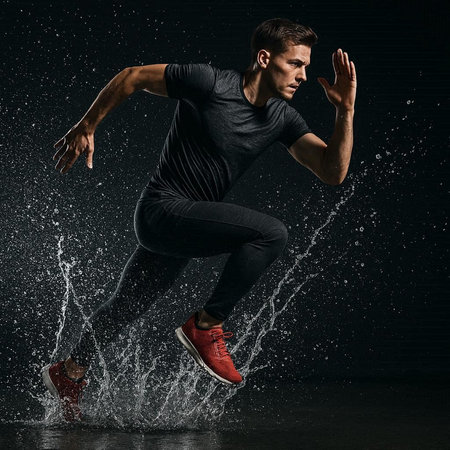 Young man in sportswear jumping in the rain on a black background