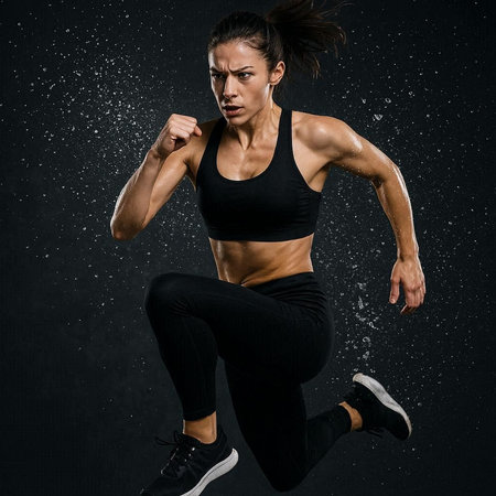 Portrait of young sporty woman in black sportswear jumping against black background