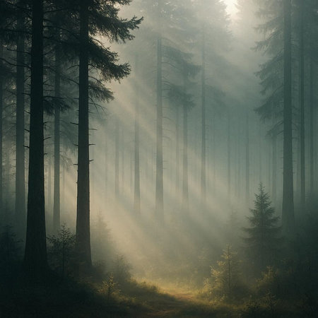 Foggy forest with sunbeams and rays of light.
