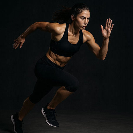 Fitness woman running in studio on black background, full length portrait