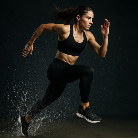 Running woman in black sportswear on dark background with water splash