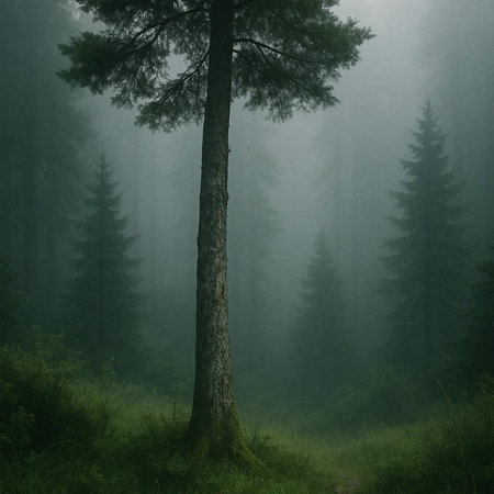 Foggy morning in the coniferous forest. Pine tree