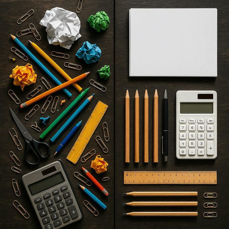 School supplies on a wooden background. Back to school. Flat lay