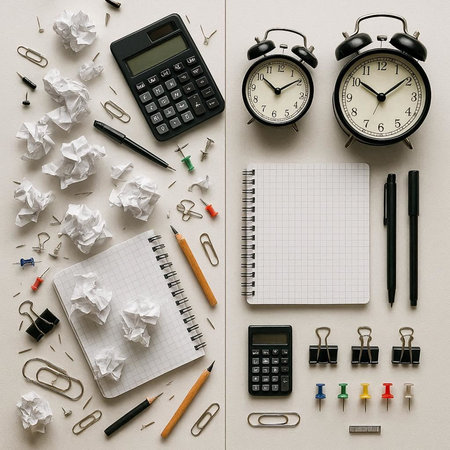 Top view of office supplies, alarm clock, calculator, paper clips, pencils, crumpled paper balls on...