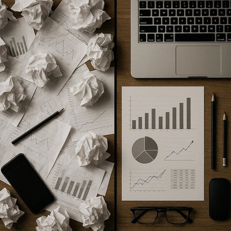 Top view of office desk with laptop, crumpled paper balls, mobile phone, eyeglasses, coffee cup and financial charts on wooden tableの写真素材