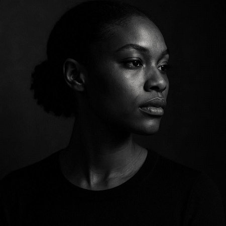 Portrait of a beautiful black woman in a black T-shirt on a dark backgroundの写真素材