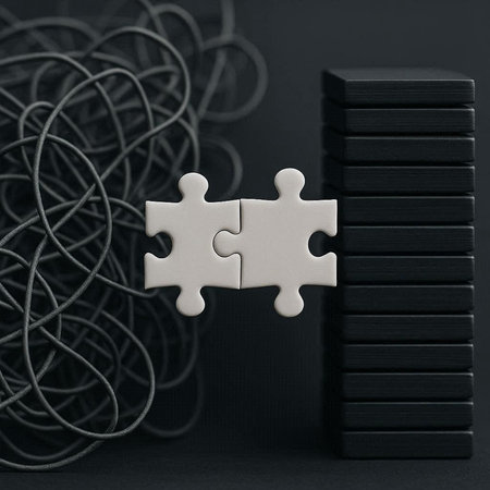 Black and white puzzle pieces on a black background. Business concept.の写真素材