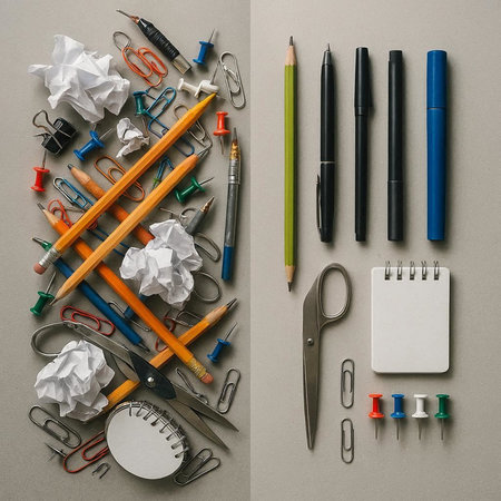 School supplies on grey background. Back to school concept. Flat lay, top view.