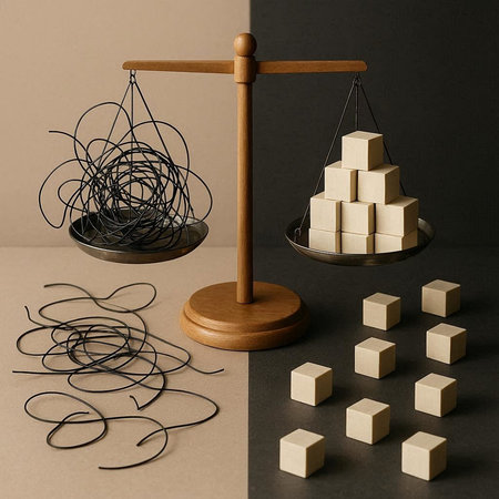 Wooden balance scale and wooden cubes with tangled rope on black background
