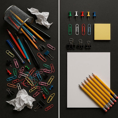 Set of office supplies on black background. Back to school concept.