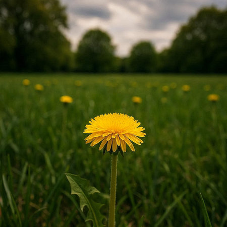 Yellow dandelion flower in a meadow with green grass and trees