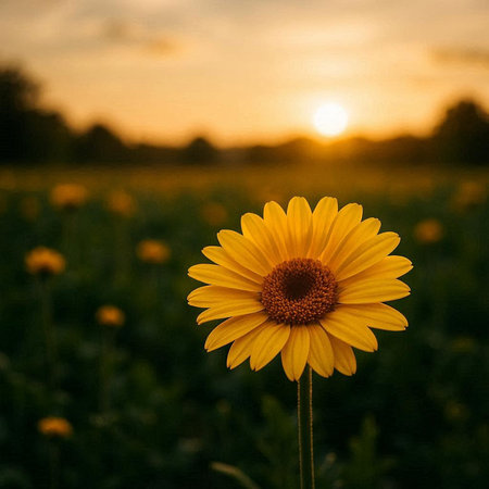 Sunflower in the meadow at sunset. Beautiful nature background.