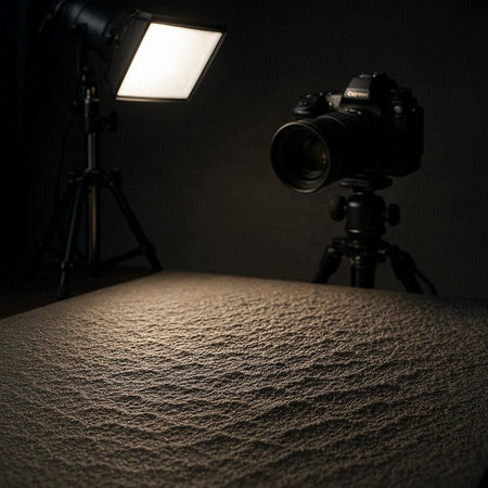 Photography equipment on the table in a dark room with a spotlight