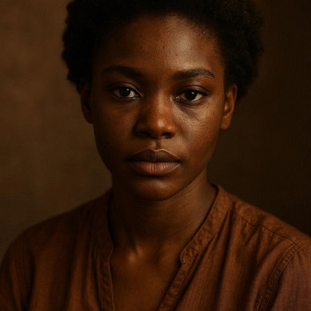 Portrait of a beautiful young African woman in a brown shirt.