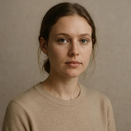Portrait of a young woman in a beige sweater on a gray background