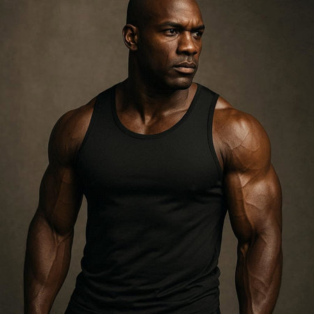Portrait of a strong African man posing in black tank top.