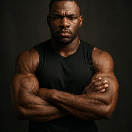 Portrait of a strong muscular black man on a dark background.
