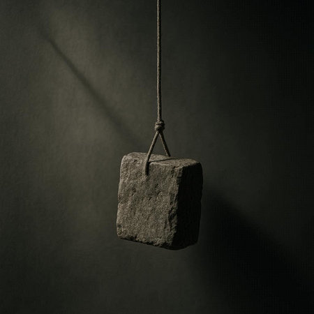3d rendering of a stone hanging from a rope on a dark background
