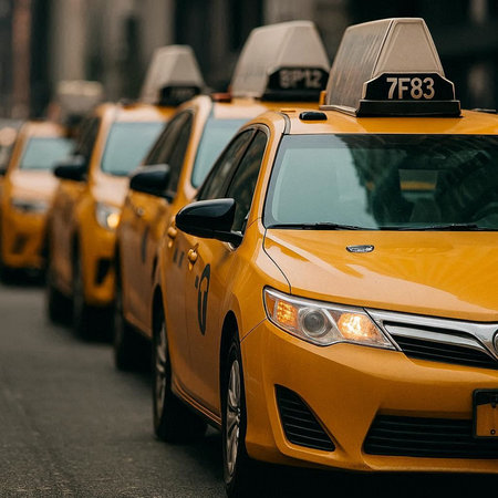 Taxi service in the city. Yellow taxi cars on the street.