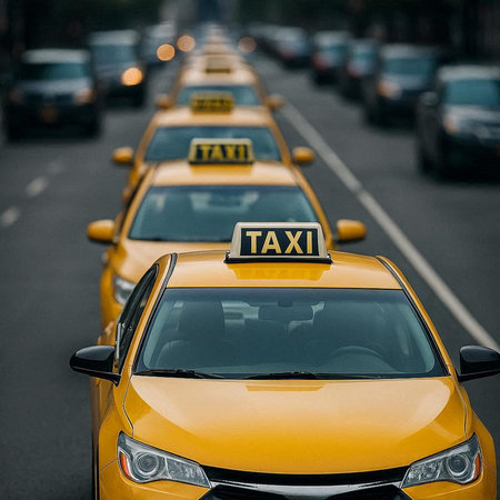 Taxi cab in the city. Yellow taxi cabs on the road.
