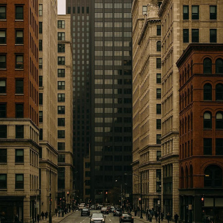 Manhattan street view with skyscrapers, New York City, USA