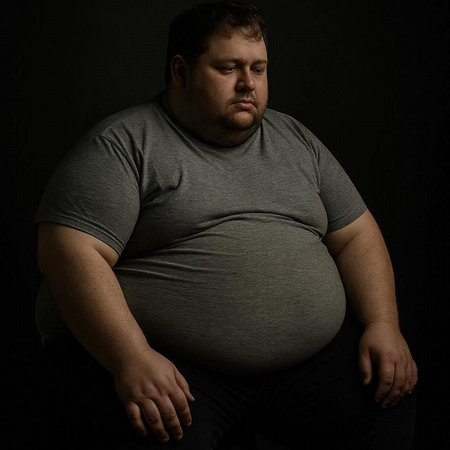 Fat man in a gray t-shirt on a dark background.