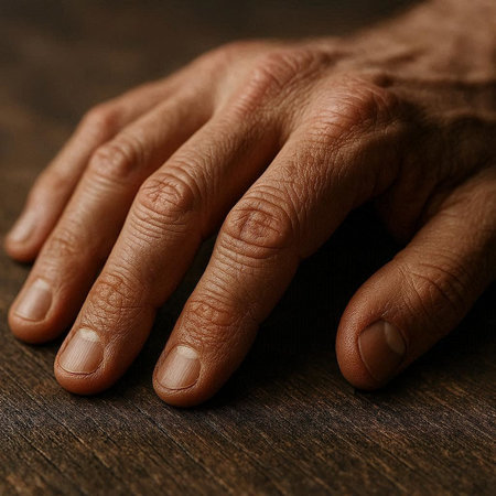 Close up of a man's hand on a wooden background. Shallow depth of field.