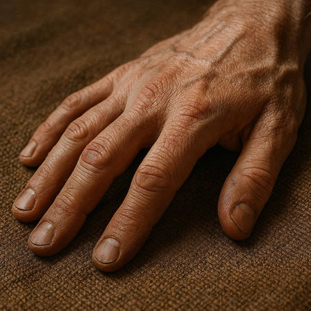 Hands of an elderly woman on a background of burlap.