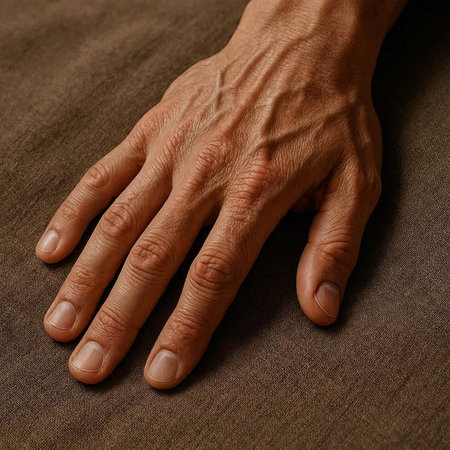 Hands of an old man on a brown background, close-up