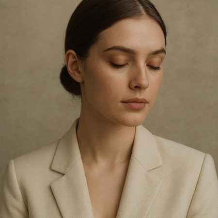 Portrait of a beautiful young woman in a beige suit.