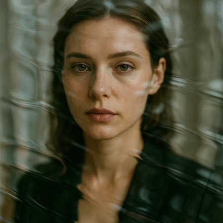 Portrait of a young woman through a window with raindrops.