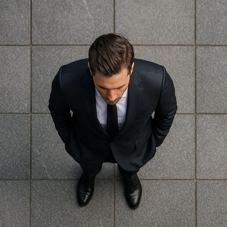 Top view of a young businessman looking down while standing on the street