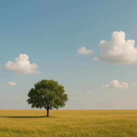 lonely tree in the meadow under blue sky with clouds