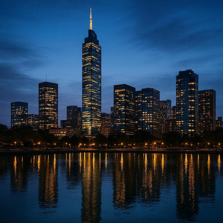 Chicago skyline at night with reflection in lake Michigan, Illinois, USA.
