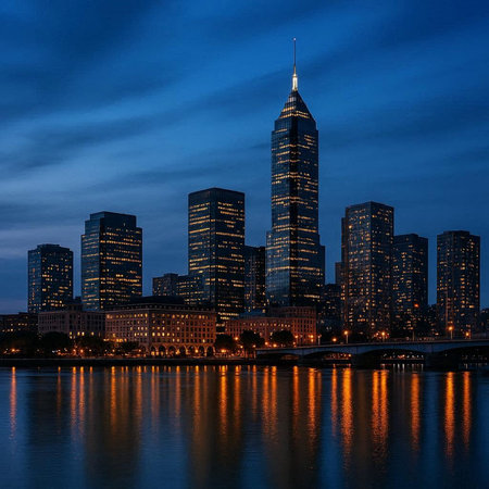 Chicago skyline at dusk with skyscrapers over river, Illinois, USA