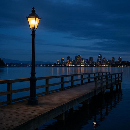 Lamppost on the lake at night, Vancouver, Canada