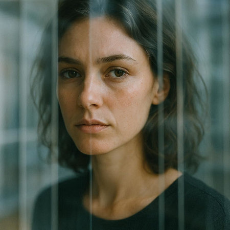 Portrait of a young woman behind the bars of a window.
